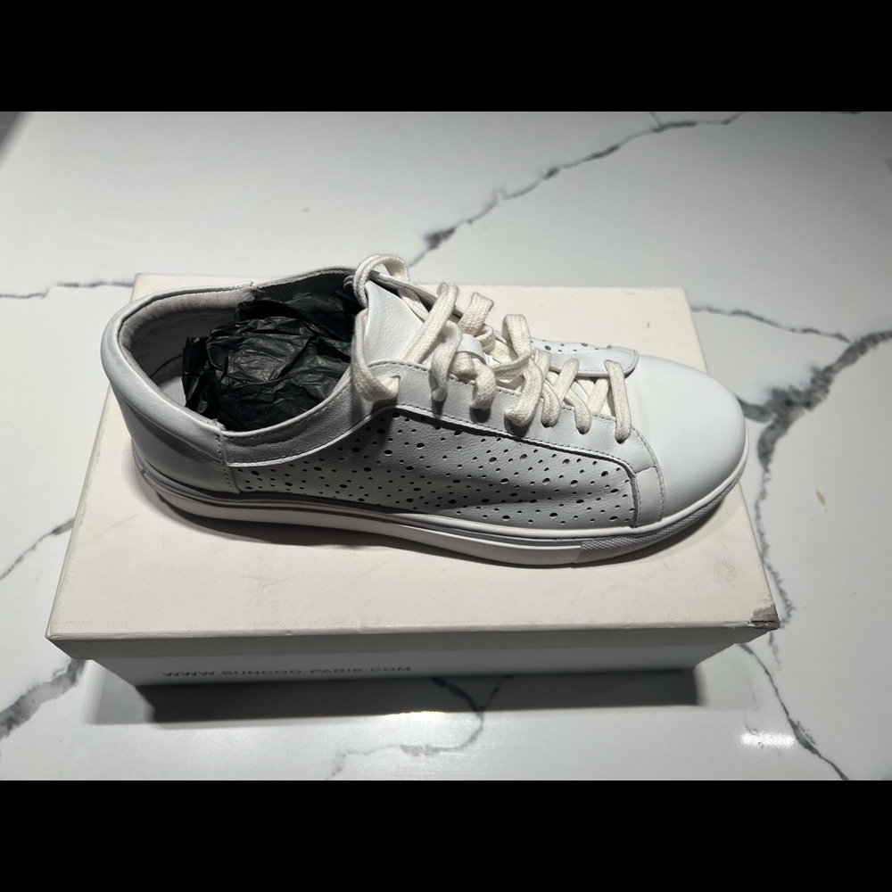 NWOT, Suncco Paris, white leather, perforated circle design, leather sneakers.